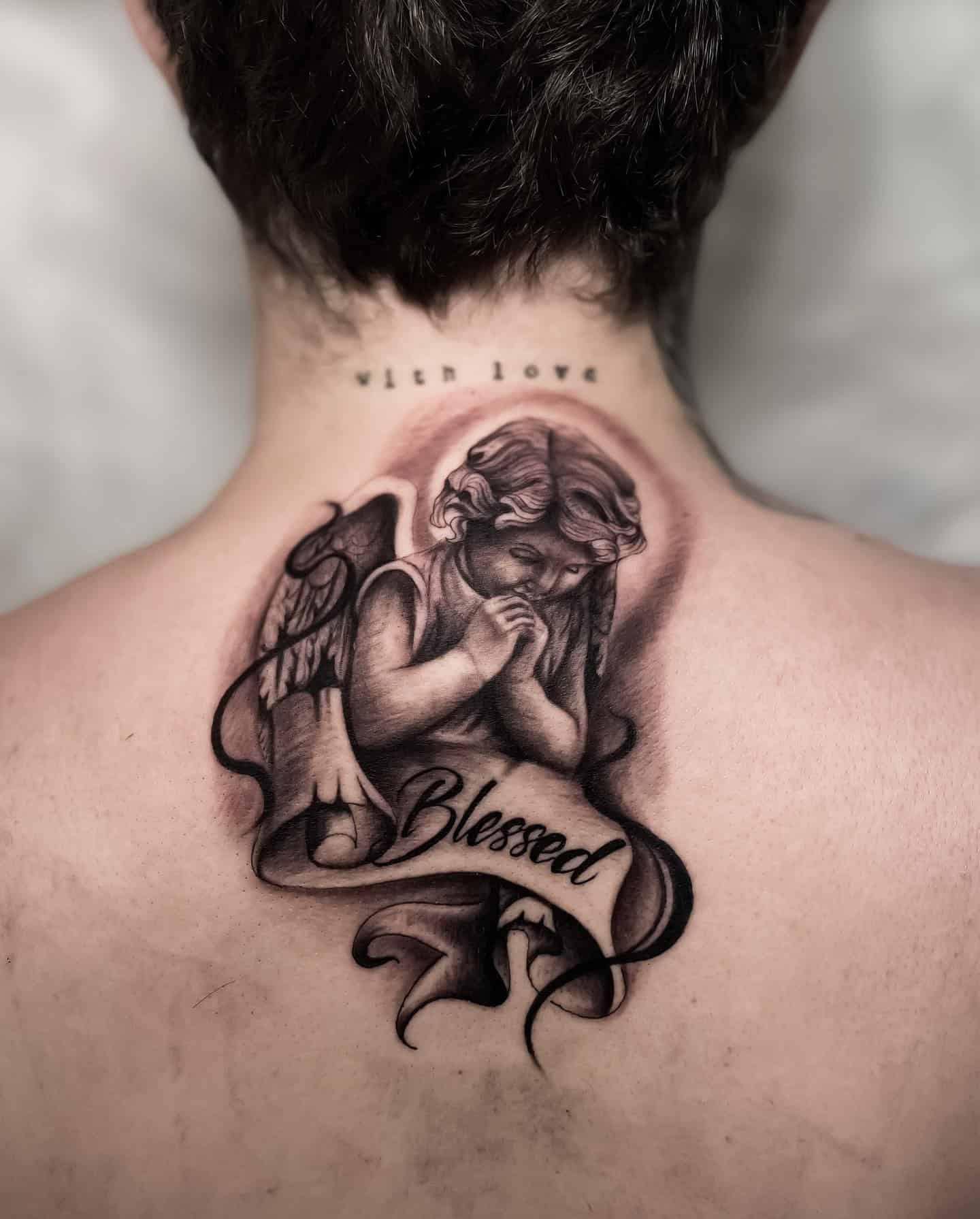 9] Praying Baby Angel Neck Tattoo: Elegance