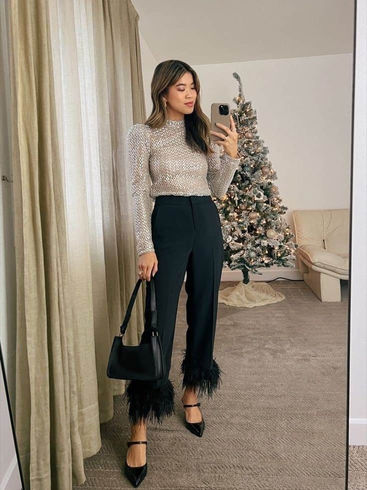 FEATHER TRIMMED PANTS + SEQUIN TOP