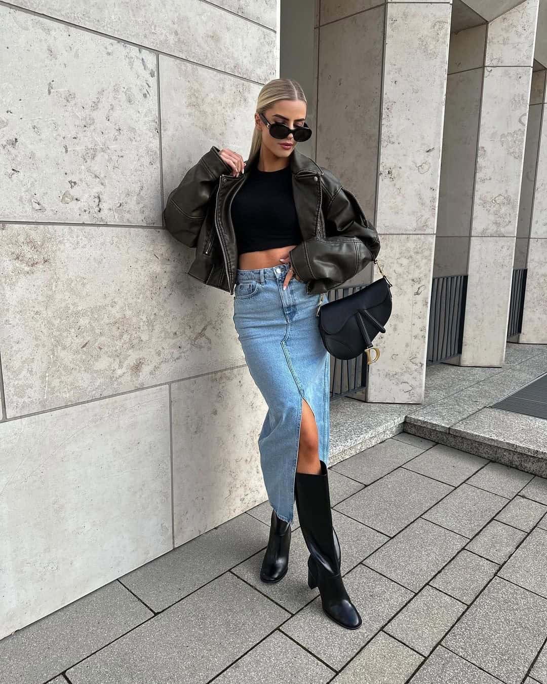 DENIM SKIRT & BLACK TOP