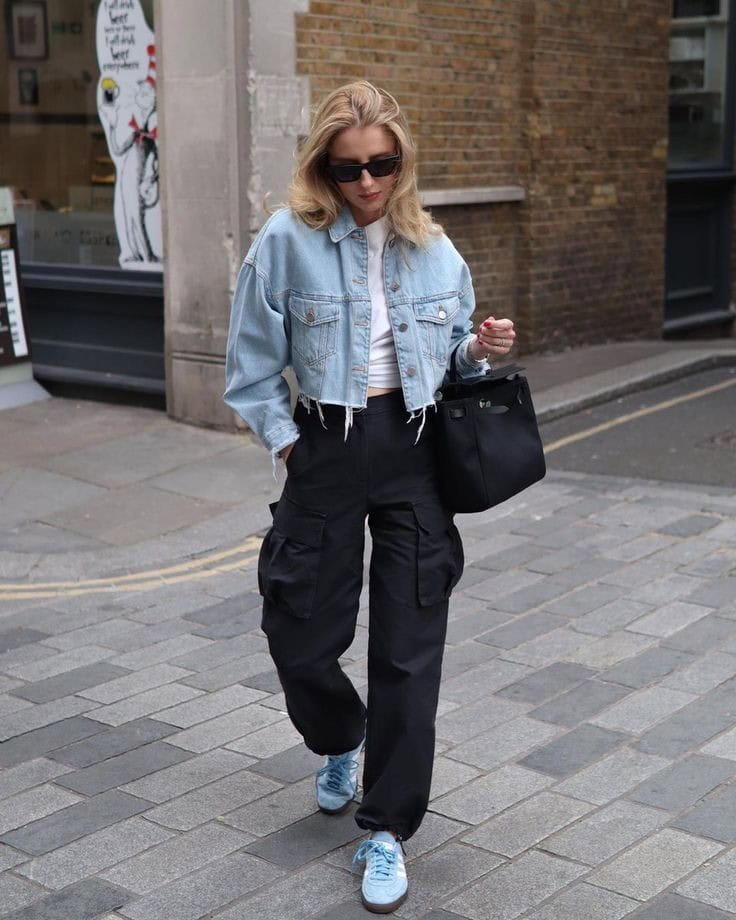 DENIM JACKET + WHITE TOP + BLACK CARGO PANTS