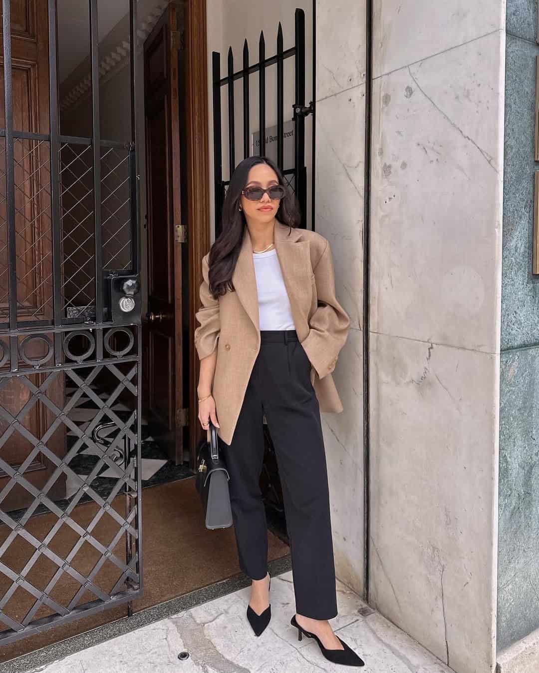 BLAZER + WHITE TOP + TAILORED TROUSERS