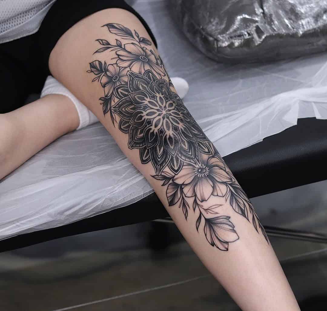 15] Flower & Mandala Blackwork Tattoo: Knee and Leg Art